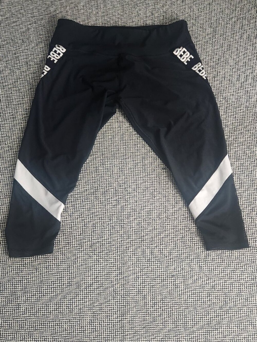 Bebe Sport Black & White Repeat Logo Taping Mesh Panel Capri Workout Leggings